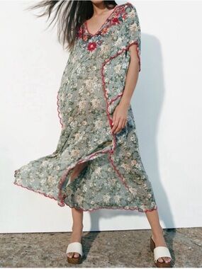 ZARA Printed Embroidered Tunic Kaftan Dress 7521/079 Sz S Oversized Artisan Boho